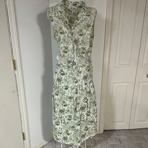 Safari green print Sleeveless Top and Skirt and Pant Set